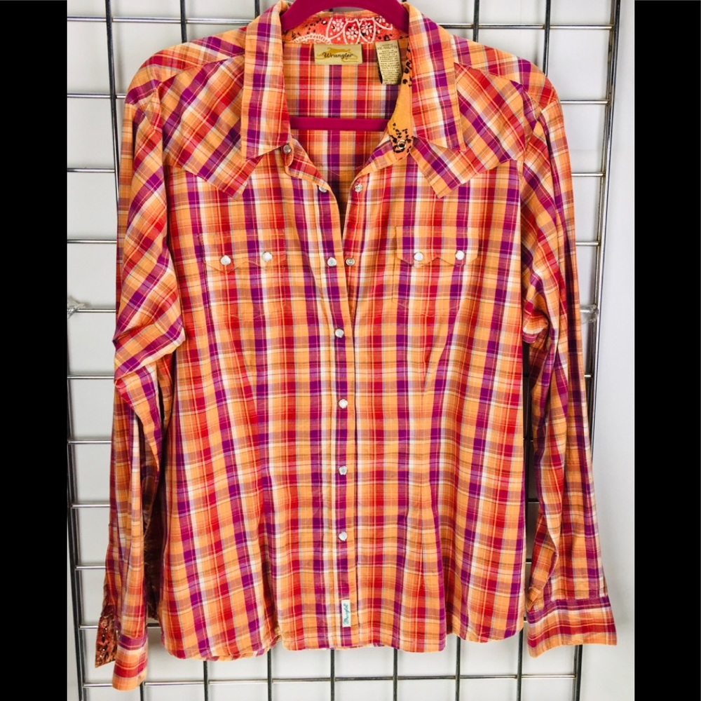 Wrangler Orange &Purple Plaid PearlSnap Bttns A35